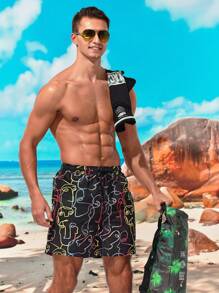 Surfspeed Men's Abstract Print Drawstring Waist Beach Shorts - Black - View 1