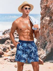 Manfinity Shorts De Playa Para Hombre Impreso Con Árboles De Coco Y Bolsillos Diagonales - Azul - Ver 4