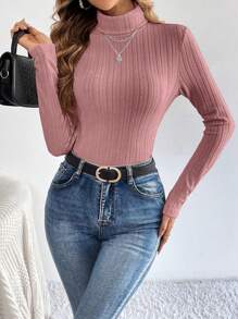 SHEIN Tall Women's High Neck Long Sleeve T-Shirt - Dusty Pink - View 1