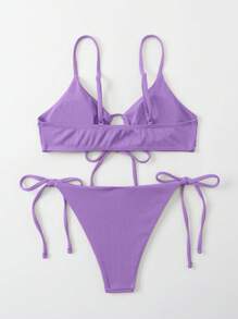 SHEIN Swim 無鋼圈胸罩和側邊綁帶丁字褲比基尼套裝 - 淡紫色 - 查看 2