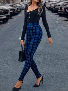 SHEIN Essnce 女士格紋高腰緊身褲 - 寶藍色 - 查看 5