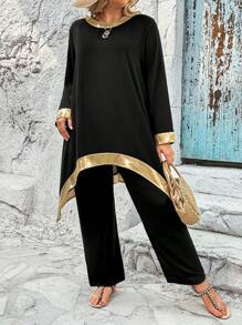 EMERY ROSE 大尺碼不對稱下擺拼色上衣純色褲子兩件套 - 黑色 - 查看 3