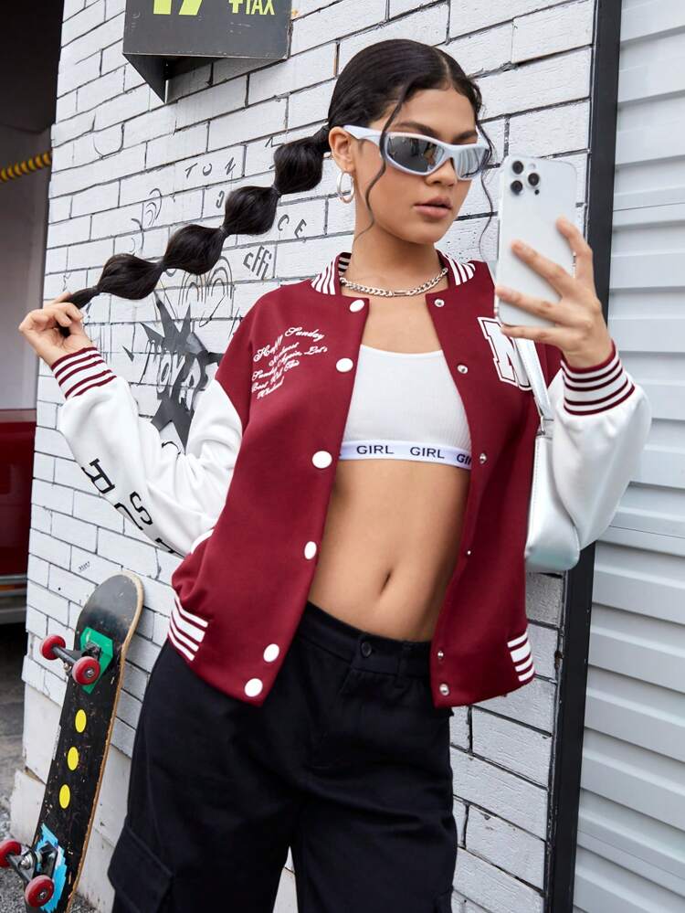 Color-Block Alphabet Pattern Striped Trim Sport Jacket