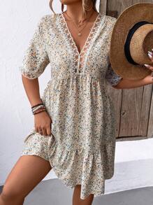 SHEIN LUNE Plus Size Women's Floral Print & Lace Patchwork Dress - Multicolor - View 5