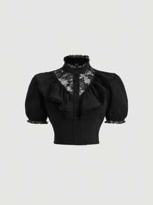 SHEIN MOD Của phụ nữ Ngắn tay Áo sơ mi Với Trang trí ren Chi tiết - màu đen - Xem 1