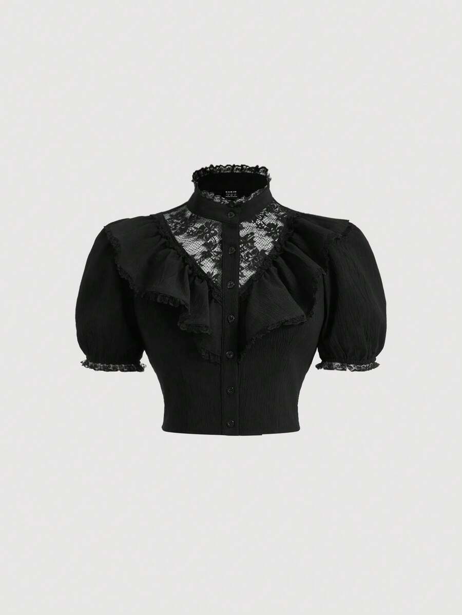 SHEIN MOD Của phụ nữ Ngắn tay Áo sơ mi Với Trang trí ren Chi tiết - màu đen - Xem 1