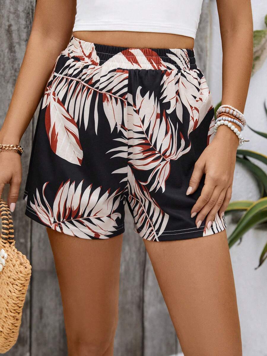SHEIN VCAY Bản in nhiệt đới Eo đàn hồi Giải trí Quần short - Nhiều màu - Xem 1