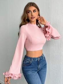 SHEIN Privé Women's Spring/Summer Round Neck Slim Fit Bell Sleeve Cropped T-Shirt - Pink - View 3
