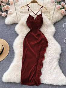 SHEIN Clasi Vestido Grande De Talla Con Dobladillo Asimétrico, Espalda Al Aire Con Encaje - Burdeos - Ver 2