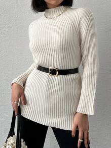 EURMUSE Mock Neck Raglan Sleeve Sweater Without Belt - Beige - View 3