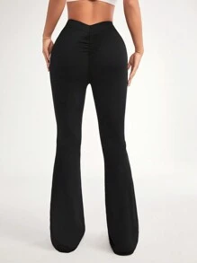 Easithlete 附墊喇叭形瑜珈褲,健身運動緊身褲 - 黑色 - 查看 6