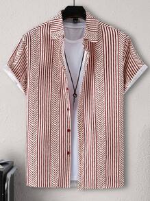 Manfinity Homme Men's Short Sleeve Shirt With Geo Pattern, Slim Fit Button Up Collar Graphic Shirt, Men Retro Shirt, Men Stripe Button Up Shirt, Cuban Shirt Men, Men's Beach Shirt - Red - View 4