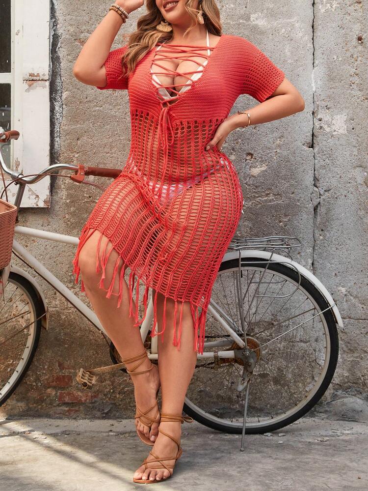 Plus Size Women's Knitted Dress With Hollow Out Short Sleeves And Tie-Up Details