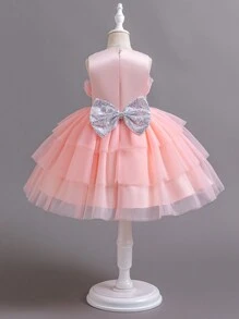 SHEIN Glamorique Kids Robe de princesse multijouche belle et magnifique avec perles et grand nœud pour jeunes filles, idéale pour les fêtes de mariage, la soirée de l'hôtesse, les fêtes d'anniversaire et autres occasions spéciales - Rose bonbon - Voir 2