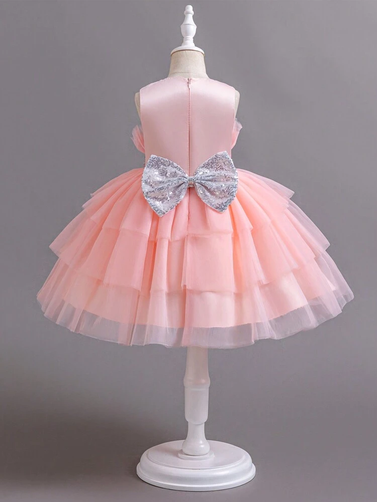 And Gorgeous Multilayered Princess Dress With Pearls And Big Bow For Young Girls, Ideal For Wedding Party, Hostess Dress, Birthday Party, And Other Special Occasions