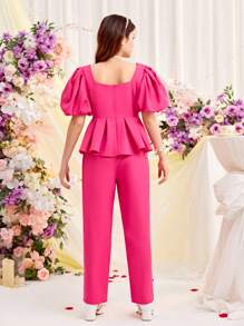 SHEIN 少女纯色装饰扣泡泡袖衬衫和裤子休闲两件套 - 玫紅色 - 查看 2