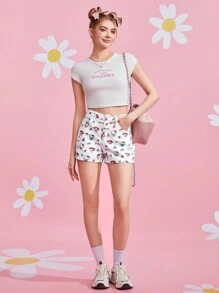 HELLO KITTY AND FRIENDS | SHEIN 白色草莓蘋果字母卡通圖案印花斜口袋牛仔短褲，春夏時尚可愛百搭 - 白色 - 查看 3