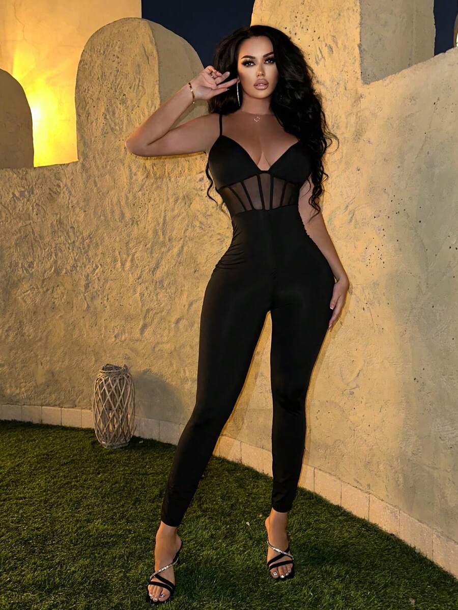 Zolique Women's Mesh Contrast Bodycon Jumpsuit Unitard - Black - View 1