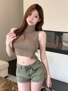DAZY Solid Color Fitted Stretchy Knitted Top With Open Back And Strap Detail Turtleneck Women Crop Top - Khaki - View 7