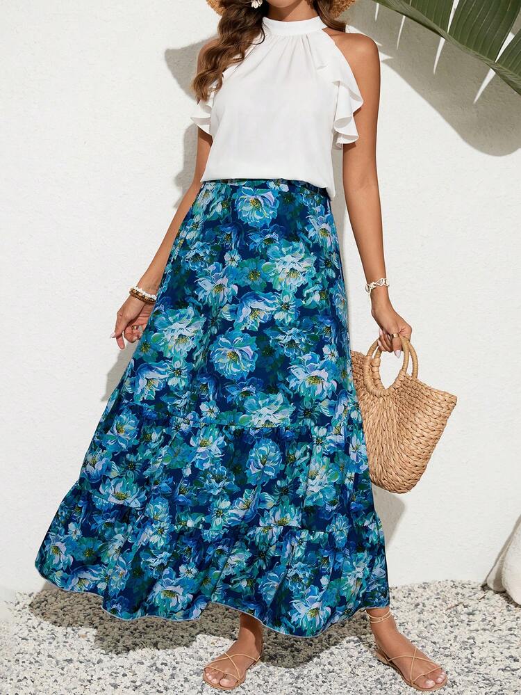 Women's Solid Color Ruffled Neck Halter Top And Flower Printed Skirt Set