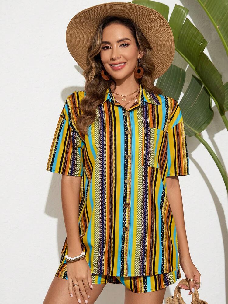 Full Print Pocket Front Shirt And Shorts Set