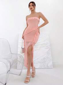 Aloruh Ladies' Mesh Ruffle Trim Strapless High Slit Pink Dress With Waistband Wedding Party Date Romantic