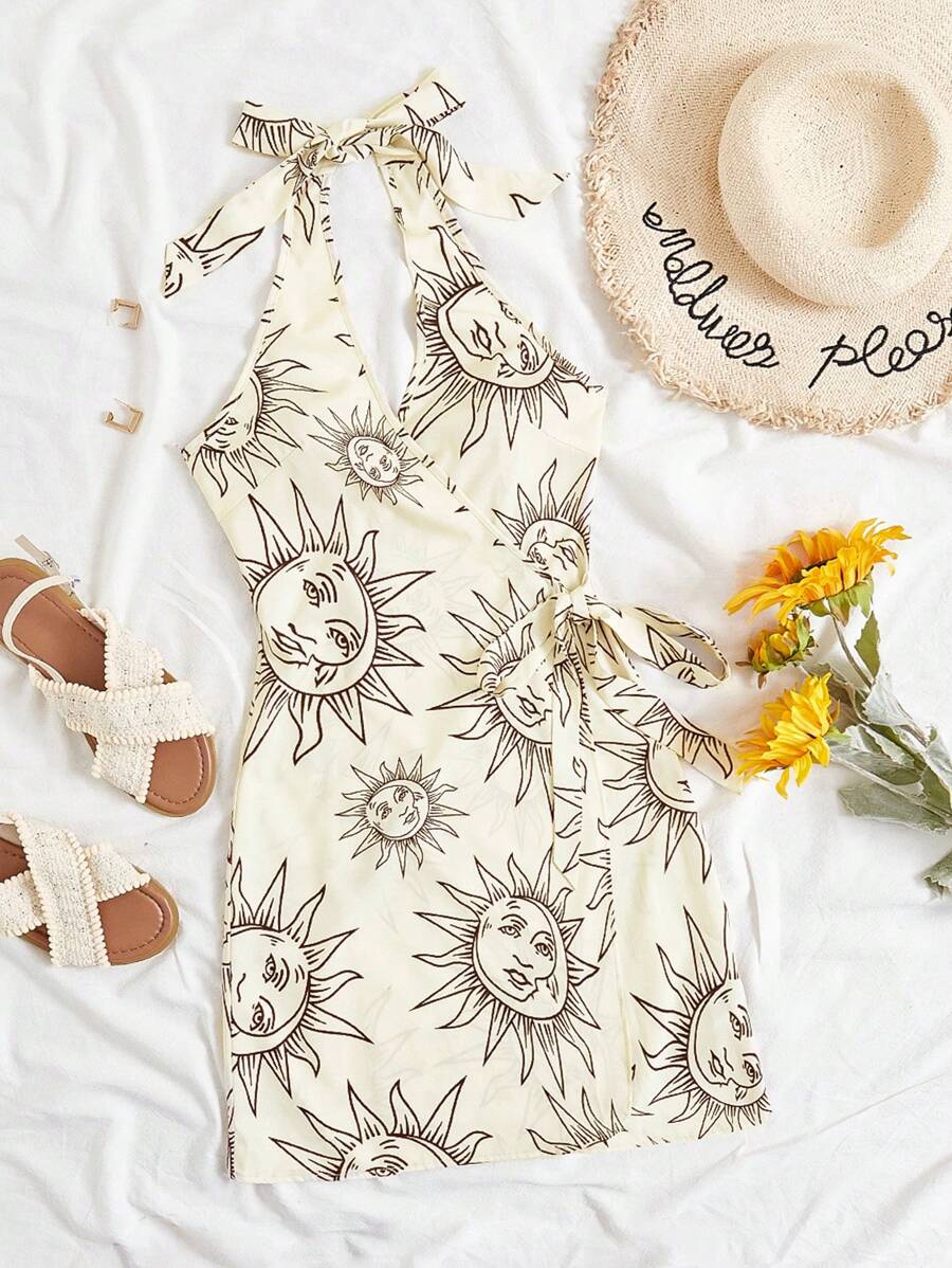 Soleia Women's Sun Element Front Tie One-Piece Beach Vacation Music Festival Summer Boho Dress - Beige - View 1