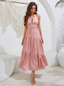 GENKIRA Vestido Con Cuello Halter De Color Sólido Y Dobladillo Con Volantes - Rosa - Ver 4