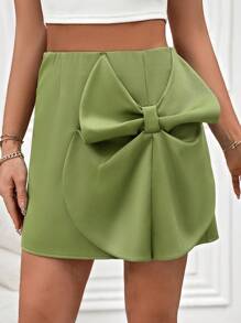 SHEIN Privé 女裝實色3d蝴蝶結細節迷你裙 - 綠色 - 查看 6