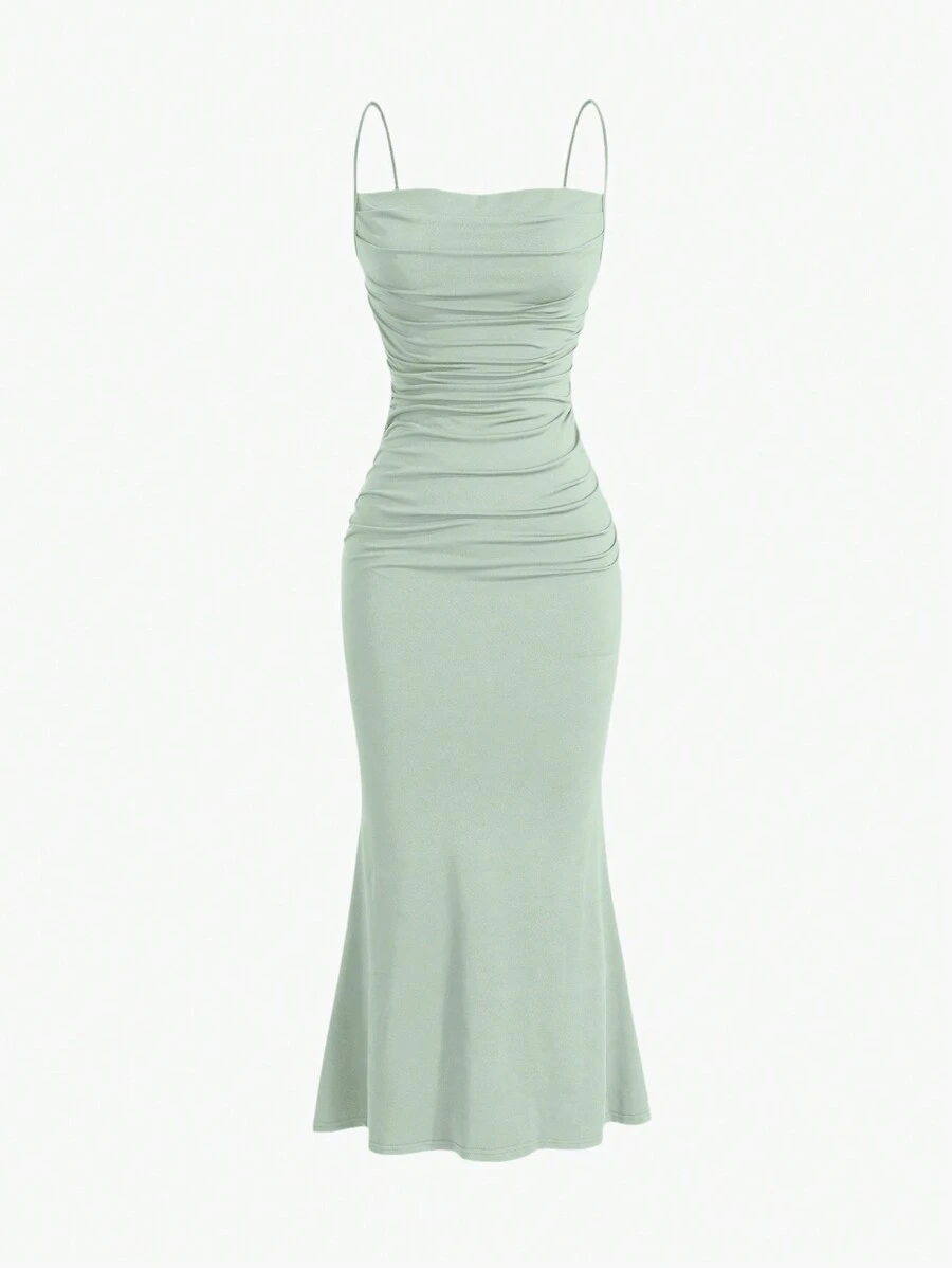 Sweetra Solid Color Pleated Fish Tail Cami Dress Maxi Women Outfit - Mint Green - View 1