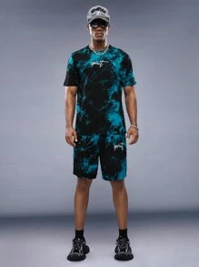 Manfinity RebelGame Men Cotton Drop Shoulder Letter Pattern Tie Dye Tee & Drawstring Waist Track Shorts - Mint Blue - View 5