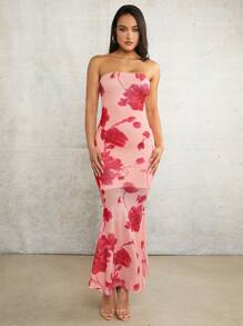 SHEIN BAE San hô Màu hồng In hoa Ống ngọn Vắt Không lưng Mùa Xuân Và Mùa hè Kỳ nghỉ bờ biển Chặt Co giãn Dài Đầm - Nhiều màu - Xem 4