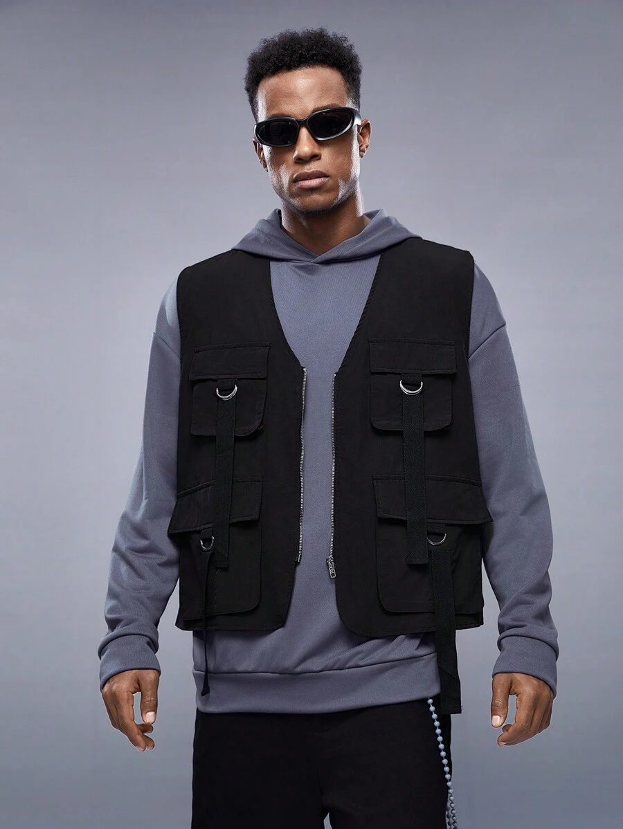 Manfinity VCAY Men Buckled Flap Pocket Zipper Vest Jacket - Black - View 1