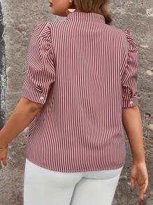 SHEIN LUNE Plus Size Summer Striped Blouse With Notched V Neck