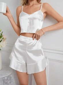 Conjunto De Pijama De Satén Decorado Con Botones Para Mujeres - Blanco - Ver 5