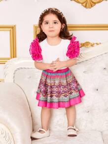 SHEIN Baby Girl Holiday Patchwork 3d Flower Short Sleeve Top And Skirt Set - White - View 4