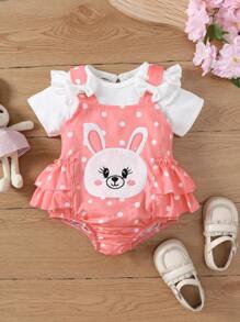 充滿波點印花的可愛兔子刺繡連體褲,搭配白色條紋上衣的嬰兒女孩2件套裝 - 彩色 - 查看 1