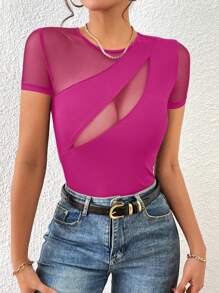 SHEIN Privé Của phụ nữ Chèn lưới Thon gọn Áo thun - Màu tím - Xem 7