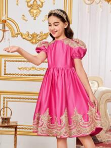 SHEIN Tween Girl Sibling Outfits: Fancy Gold Lace & Mesh Joint Round Neck Short Sleeve Dress