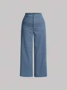 SHEIN MOD Plus Size Solid Color Straight Leg Casual Corduroy Pants - Blue - View 1