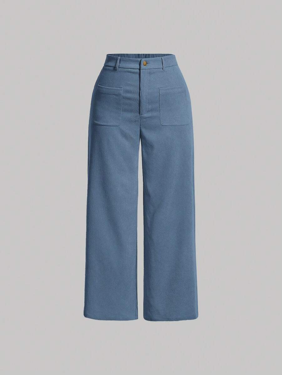 SHEIN MOD Plus Size Solid Color Straight Leg Casual Corduroy Pants - Blue - View 1