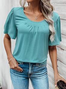 SHEIN LUNE 女士圓領短袖t恤,配有荷葉邊 - 藍色 - 查看 5