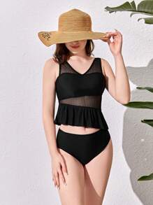 Teenage Girl's Stylish Bikini Set With Mesh Panels And Ruffle Trim