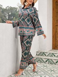 Seusyu 女士復古風印花度假兩件套裝 - 粉色 - 查看 3