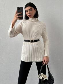 EURMUSE Mock Neck Raglan Sleeve Sweater Without Belt - Beige - View 5