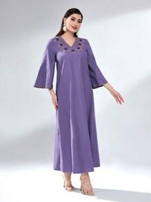 Modelyn Women's Geometric Embroidery Bell Sleeve Arabian Dress Long Evening Dresses