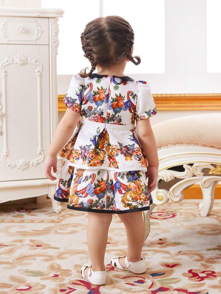 Baby Girl Gorgeous Floral Print Patchwork Short Sleeve Dress With Pleated Detail