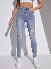 SHEIN Teen Girl Distressed Jeans - Light Wash - View 3
