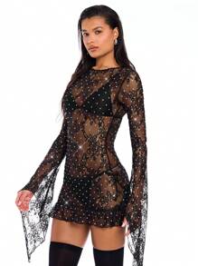 SHEIN BAE Của phụ nữ Ren Viễn cảnh Đồ trang trí Rhinestone Tay áo kèn  Đầm - màu đen - Xem 5