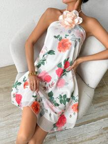 SHEIN LUNE Flower Printed Halter Neck Tie Waist 3d Flower A-Line Dress - Apricot - View 5